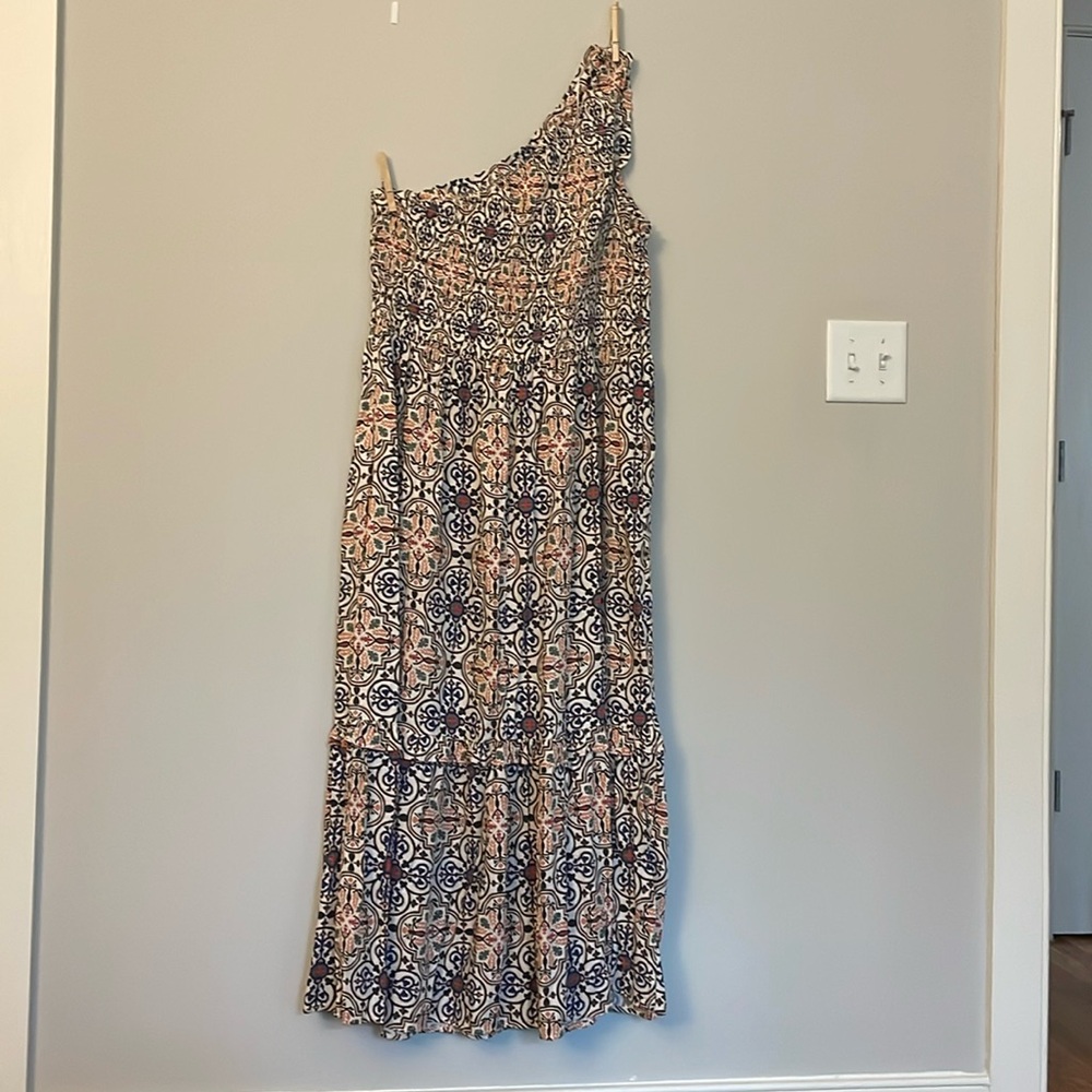 Knox Rose-One shoulder summer dress- orange, blue, reds , greens 

Size large
